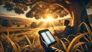 Pessoa lendo a Bíblia em um aplicativo no celular sob uma árvore ao amanhecer, com luz dourada suave iluminando a cena.