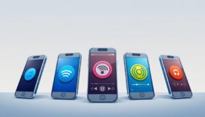 Uma mulher caminhando ao ar livre em um parque urbano, usando fones de ouvido e sorrindo enquanto segura o celular. O céu está limpo, com luz natural suave no fim da tarde. No celular, visualmente sugerido, há uma interface de app com ícones de rádio. Ao fundo, árvores, bancos e pessoas passando, criando uma cena leve e contemporânea.