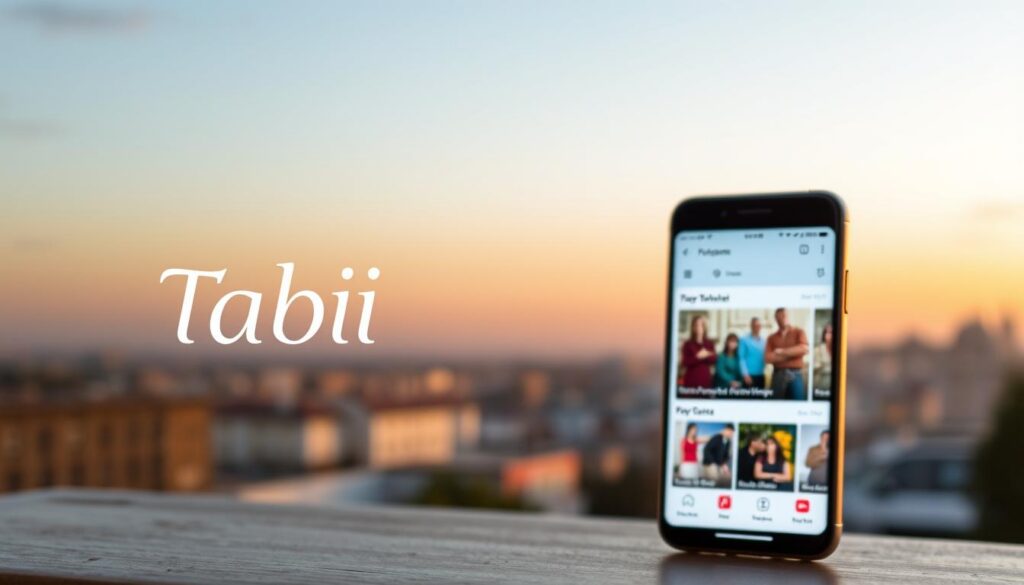 A beautifully designed mobile app interface showcasing a sleek and intuitive design for "Tabii", a free Turkish drama streaming platform. The foreground features the app's elegant logo, with a clean and modern typography. The middle ground displays a selection of popular Turkish soap opera thumbnails, invitingly presented against a soft, pastel-tinted backdrop. The background captures a subtle cityscape, hinting at the international appeal of Turkish television content. Warm lighting and a calming color palette create an inviting and visually appealing atmosphere, reflecting the app's promise of a seamless and enjoyable viewing experience for Turkish drama enthusiasts.