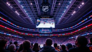 A bustling hockey arena, with vibrant lighting and a sense of energy. In the foreground, a group of hockey fans eagerly watching the game on a large, high-definition screen, their faces illuminated by the glow of the display. In the middle ground, a mix of digital overlays and data visualizations provide real-time updates on the game's progress, score, and player statistics. The background features the arena's sleek, modern design, with clean lines and a futuristic aesthetic. The overall mood is one of excitement and immersion, reflecting the optimal experience of streaming NHL games.