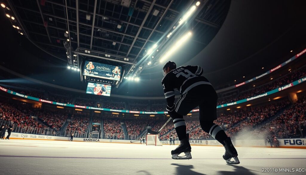 A captivating scene of the thrilling world of NHL hockey, showcased in a dramatic, high-contrast image. In the foreground, a dynamic hockey player in full gear, mid-action, their silhouette sharply defined against a backdrop of bright arena lights. The middle ground features a packed stadium filled with cheering fans, the energy and excitement palpable. In the background, a sense of depth is created by the arena's architecture, with sweeping lines and dramatic shadows. The lighting is cinematic, with a mix of warm tones and cool highlights, creating a sense of intensity and drama. The overall composition is balanced and visually engaging, drawing the viewer into the heart of the NHL experience. A captivating scene of the thrilling world of NHL hockey, showcased in a dramatic, high-contrast image. In the foreground, a dynamic hockey player in full gear, mid-action, their silhouette sharply defined against a backdrop of bright arena lights. The middle ground features a packed stadium filled with cheering fans, the energy and excitement palpable. In the background, a sense of depth is created by the arena's architecture, with sweeping lines and dramatic shadows. The lighting is cinematic, with a mix of warm tones and cool highlights, creating a sense of intensity and drama. The overall composition is balanced and visually engaging, drawing the viewer into the heart of the NHL experience.