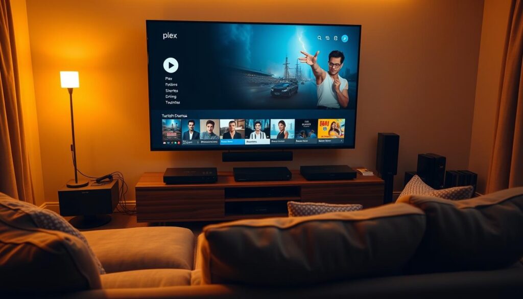 A cozy and inviting living room setup, featuring a large, modern TV screen displaying the Plex media player interface. The room is bathed in warm, golden lighting, creating a comfortable and cinematic atmosphere. On a sleek, wooden entertainment center, various streaming devices and cables are neatly arranged, indicating a well-curated media system. In the foreground, a plush, L-shaped couch invites viewers to settle in and immerse themselves in the captivating world of Turkish dramas. The overall scene conveys a sense of relaxation and enjoyment, perfectly suited for the topic of "How to Set Up Plex for Watching Turkish Dramas."