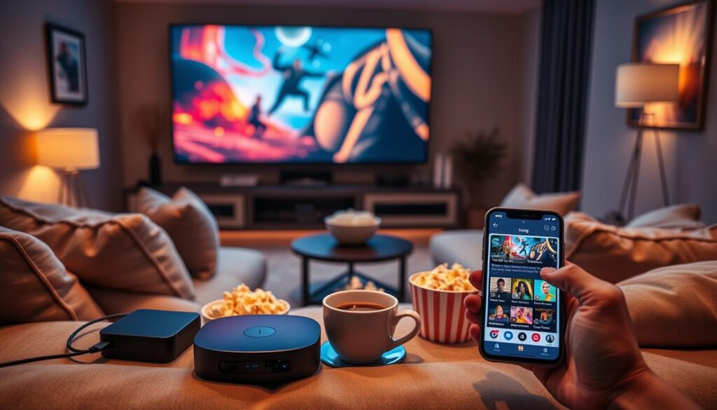 A cozy home theater setup with plush seating, soft ambient lighting, and a large movie screen displaying vibrant cinematic visuals. In the foreground, a modern streaming device and a smartphone displaying intuitive app interfaces. In the middle ground, a cup of hot coffee and a bowl of fresh popcorn, adding to the comfortable and immersive experience. The background features sleek, minimalist home decor, creating a harmonious and inviting atmosphere. The overall scene conveys a sense of relaxation, attention to detail, and the enjoyment of high-quality, free movie streaming.