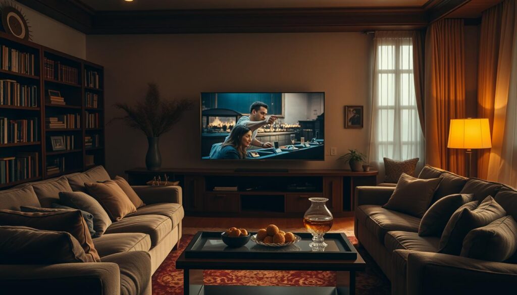 A cozy living room, dimly lit with warm, golden tones. In the center, a large flatscreen TV dominates the space, displaying vivid, cinematic scenes from a captivating Turkish drama. Plush, comfortable sofas surround the TV, inviting viewers to sink in and immerse themselves in the captivating narratives. Bookshelves line the walls, hinting at the deep cultural knowledge and appreciation of the room's occupants. A sleek, modern coffee table holds a tray of aromatic tea and traditional Turkish sweets, adding to the sense of comfort and hospitality. The atmosphere is one of tranquility and escapism, a sanctuary for fans of these beloved Turkish novelas. A cozy living room, dimly lit with warm, golden tones. In the center, a large flatscreen TV dominates the space, displaying vivid, cinematic scenes from a captivating Turkish drama. Plush, comfortable sofas surround the TV, inviting viewers to sink in and immerse themselves in the captivating narratives. Bookshelves line the walls, hinting at the deep cultural knowledge and appreciation of the room's occupants. A sleek, modern coffee table holds a tray of aromatic tea and traditional Turkish sweets, adding to the sense of comfort and hospitality. The atmosphere is one of tranquility and escapism, a sanctuary for fans of these beloved Turkish novelas.