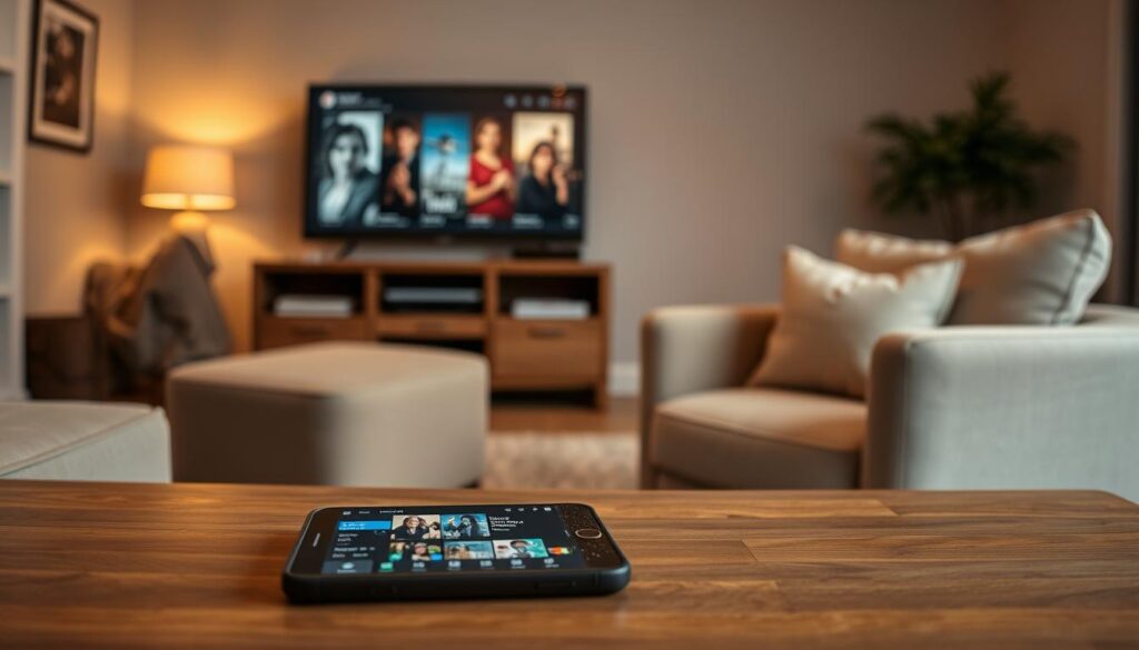 A cozy living room scene, with a comfortable sofa and plush armchair positioned in front of a large flat-screen television. Soft, warm lighting filters through the room, creating a welcoming ambiance. On the coffee table, a smartphone or tablet is displayed, showcasing a streaming app interface with a curated selection of movie titles. The overall atmosphere conveys a sense of relaxation and ease, inviting the viewer to settle in and enjoy a free movie-watching experience.