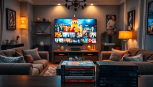 A cozy living room with a large TV screen showcasing vibrant Turkish TV shows, surrounded by plush couches and an assortment of Turkish-inspired decor. The space is bathed in warm, soft lighting, creating an inviting and immersive atmosphere. In the foreground, a stack of Turkish drama DVDs and a streaming device prominently displayed, hinting at the accessibility and convenience of Turkish content. The overall scene conveys the comfort and enjoyment of indulging in the captivating world of Turkish television.