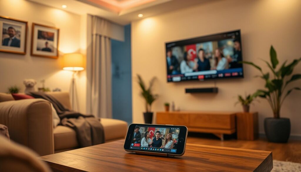 A cozy living room with a large, flat-screen TV mounted on the wall. The room is illuminated by warm, ambient lighting, casting a soft glow over a plush, beige sofa and a low, wooden coffee table. On the table, a smartphone or tablet is propped up, displaying a Turkish telenovela playing in full-screen. The room is tastefully decorated with framed artwork, potted plants, and a throw blanket draped over the couch, creating a inviting and comfortable atmosphere for binge-watching the latest Turkish drama series. A cozy living room with a large, flat-screen TV mounted on the wall. The room is illuminated by warm, ambient lighting, casting a soft glow over a plush, beige sofa and a low, wooden coffee table. On the table, a smartphone or tablet is propped up, displaying a Turkish telenovela playing in full-screen. The room is tastefully decorated with framed artwork, potted plants, and a throw blanket draped over the couch, creating a inviting and comfortable atmosphere for binge-watching the latest Turkish drama series.