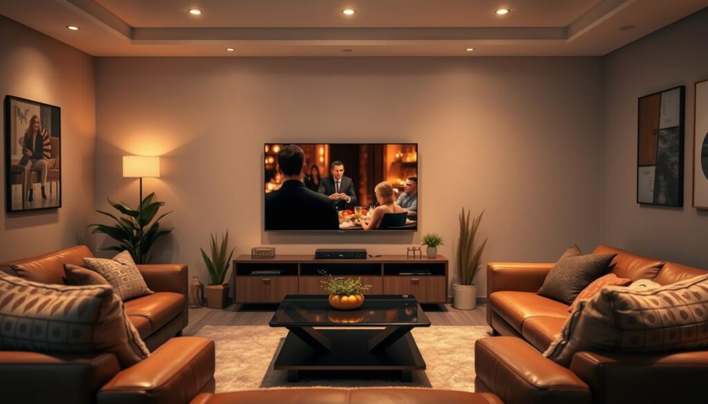 A cozy living room with a large flat-screen TV taking center stage. The TV displays a vibrant, cinematic Turkish drama playing in full-screen mode. The room is bathed in warm, ambient lighting, creating a comfortable and inviting atmosphere. Plush, leather sofas and armchairs surround the TV, suggesting a space for relaxed viewing. Decorative elements like throw pillows, plants, and a sleek, modern coffee table add to the overall aesthetic. The walls are adorned with abstract artwork, complementing the contemporary design. The scene evokes a sense of immersion and enjoyment in watching Turkish soap operas online. A cozy living room with a large flat-screen TV taking center stage. The TV displays a vibrant, cinematic Turkish drama playing in full-screen mode. The room is bathed in warm, ambient lighting, creating a comfortable and inviting atmosphere. Plush, leather sofas and armchairs surround the TV, suggesting a space for relaxed viewing. Decorative elements like throw pillows, plants, and a sleek, modern coffee table add to the overall aesthetic. The walls are adorned with abstract artwork, complementing the contemporary design. The scene evokes a sense of immersion and enjoyment in watching Turkish soap operas online.