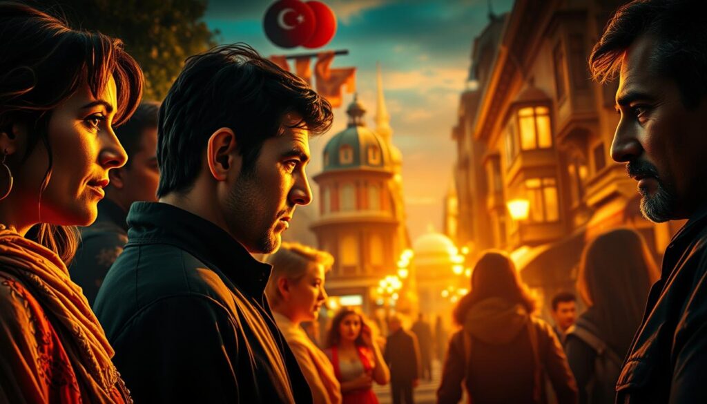 A dramatic and captivating Turkish drama unfolds on the screen, with vibrant colors and intricate details. In the foreground, a group of characters embroiled in a complex web of relationships, their facial expressions conveying the emotional intensity of the scene. The middle ground reveals the lush, atmospheric setting - a bustling city street, with towering buildings and intricate architectural details. In the background, a warm, golden-tinged lighting casts a dreamlike, cinematic glow over the entire composition, evoking the captivating nature of these beloved Turkish soap operas. The overall mood is one of heightened drama, romance, and cultural richness, perfectly capturing the essence of "Tramas e Histórias Que Conquistaram o Público". A dramatic and captivating Turkish drama unfolds on the screen, with vibrant colors and intricate details. In the foreground, a group of characters embroiled in a complex web of relationships, their facial expressions conveying the emotional intensity of the scene. The middle ground reveals the lush, atmospheric setting - a bustling city street, with towering buildings and intricate architectural details. In the background, a warm, golden-tinged lighting casts a dreamlike, cinematic glow over the entire composition, evoking the captivating nature of these beloved Turkish soap operas. The overall mood is one of heightened drama, romance, and cultural richness, perfectly capturing the essence of "Tramas e Histórias Que Conquistaram o Público".