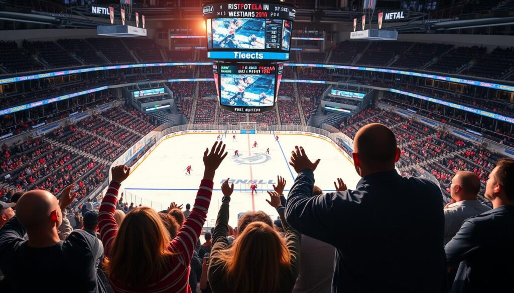 A dynamic, high-definition scene of people enjoying the NHL hockey league without restrictions. In the foreground, a group of enthusiastic fans cheering and celebrating as they watch the game on a large, ultra-vivid display. The middle ground features the hockey arena's interior, with players swiftly gliding across the ice, engaged in an intense, fast-paced match. The background showcases the grandeur of the stadium, with towering stands and modern, sleek architecture. The lighting is bright and natural, capturing the energy and excitement of the event. The overall atmosphere conveys a sense of freedom, accessibility, and the pure thrill of experiencing the NHL without any limitations.