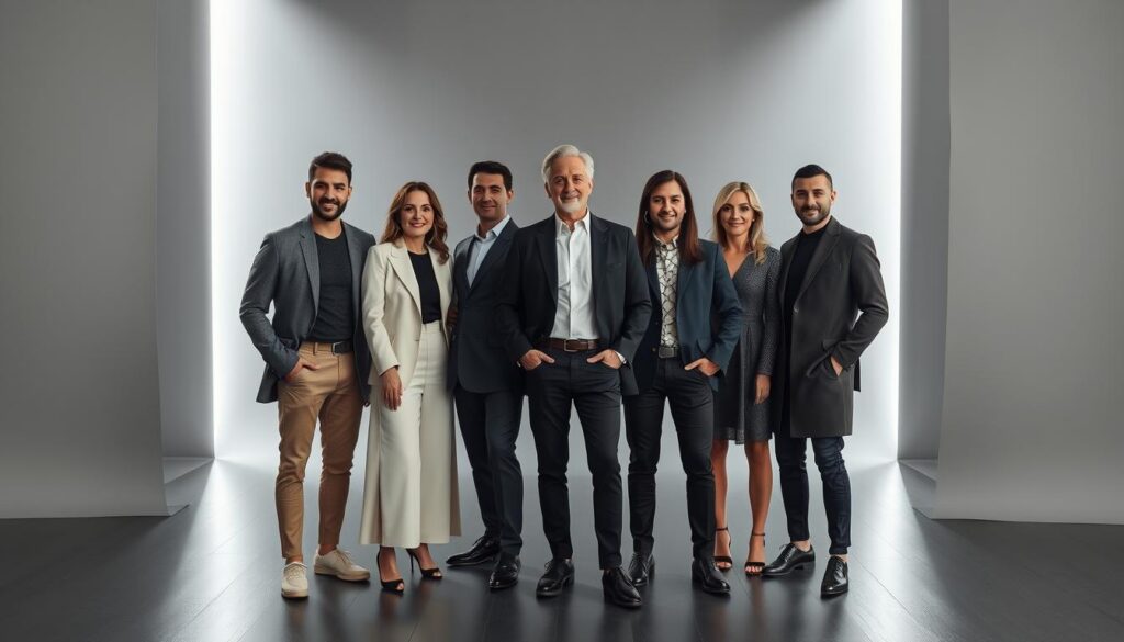 A high-quality photograph of a group of famous Turkish actors posing together in a sleek, stylish setting. The actors should be standing in the foreground, dressed in modern, fashionable attire that reflects their on-screen personas. The middle ground should feature a sophisticated, minimalist backdrop, such as a seamless gray studio wall or a modern, clean-lined interior. The lighting should be soft and flattering, creating a sense of warmth and professionalism. The overall mood should convey a sense of elegance, confidence, and the global appeal of these talented Turkish performers who have captivated audiences worldwide.
