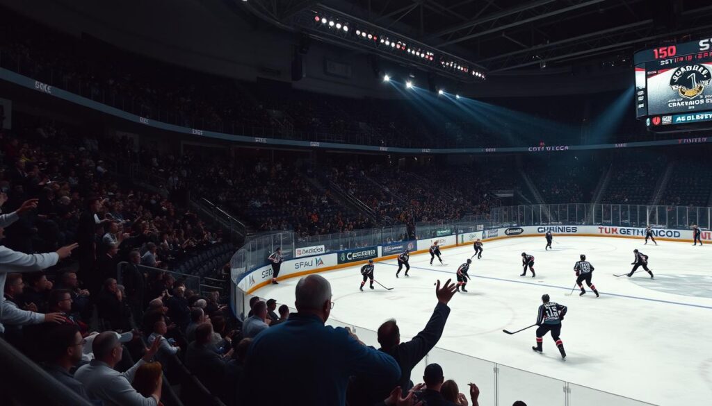 A hockey arena with an intense live hockey match in progress. The players are skating swiftly, their sticks clashing as they fight for possession of the puck. The crowd is on the edge of their seats, cheering passionately as the action unfolds on the ice. The lighting is dramatic, casting long shadows and highlighting the players' movements. The camera angle is positioned high above the rink, providing a sweeping view of the entire scene. The atmosphere is charged with electricity, capturing the excitement and energy of a thrilling live hockey event. A hockey arena with an intense live hockey match in progress. The players are skating swiftly, their sticks clashing as they fight for possession of the puck. The crowd is on the edge of their seats, cheering passionately as the action unfolds on the ice. The lighting is dramatic, casting long shadows and highlighting the players' movements. The camera angle is positioned high above the rink, providing a sweeping view of the entire scene. The atmosphere is charged with electricity, capturing the excitement and energy of a thrilling live hockey event.