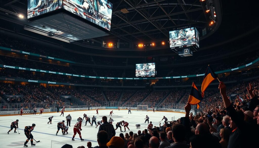 A large hockey arena, dimly lit with a warm, golden glow. In the foreground, a group of hockey players in their distinctive NHL uniforms, engaged in an intense match, their movements frozen in time. The middle ground showcases the packed stands, filled with enthusiastic fans waving flags and cheering passionately. In the background, the arena's striking architecture and towering screens display the game in real-time, giving the scene a sense of high-energy excitement. The overall atmosphere conveys the thrill and drama of a live NHL game, captivating the audience and immersing them in the experience.