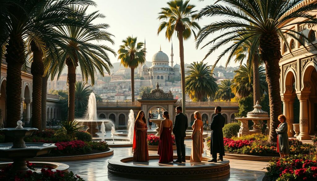 A lush Turkish palace garden, with intricate fountains and towering palm trees casting warm shadows. In the foreground, a group of elegantly dressed actors stand amidst elaborate floral arrangements, engaged in a dramatic scene from a beloved Turkish drama. The lighting is soft and cinematic, creating a sense of timeless romance and intrigue. The middle ground features ornate architecture with intricate carvings and detailed tilework, hinting at the rich cultural heritage of these captivating shows. In the background, a vibrant cityscape of domes and minarets rises, symbolizing the global popularity and influence of these cherished Turkish television series. A lush Turkish palace garden, with intricate fountains and towering palm trees casting warm shadows. In the foreground, a group of elegantly dressed actors stand amidst elaborate floral arrangements, engaged in a dramatic scene from a beloved Turkish drama. The lighting is soft and cinematic, creating a sense of timeless romance and intrigue. The middle ground features ornate architecture with intricate carvings and detailed tilework, hinting at the rich cultural heritage of these captivating shows. In the background, a vibrant cityscape of domes and minarets rises, symbolizing the global popularity and influence of these cherished Turkish television series.