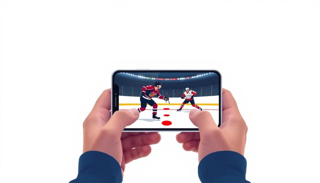 A modern, minimalist-style illustration depicting a person streaming a high-definition NHL game on a smartphone or tablet device. The foreground features the device prominently, with a clean, crisp display showcasing dynamic hockey action. The middle ground shows the person's hands holding the device, conveying a sense of ease and engagement. The background is a simple, gradient-based color palette, allowing the technological focus to take center stage. The overall atmosphere is one of simplicity, accessibility, and the seamless integration of technology into the viewing experience. Soft, natural lighting enhances the sense of clarity and refinement. A modern, minimalist-style illustration depicting a person streaming a high-definition NHL game on a smartphone or tablet device. The foreground features the device prominently, with a clean, crisp display showcasing dynamic hockey action. The middle ground shows the person's hands holding the device, conveying a sense of ease and engagement. The background is a simple, gradient-based color palette, allowing the technological focus to take center stage. The overall atmosphere is one of simplicity, accessibility, and the seamless integration of technology into the viewing experience. Soft, natural lighting enhances the sense of clarity and refinement.