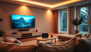 A serene home theater setup with a sleek, modern TV mounted on the wall. The room is bathed in warm, ambient lighting, creating a cozy and inviting atmosphere. In the foreground, a comfortable couch and plush cushions invite viewers to settle in and enjoy a streaming movie marathon. The middle ground features a minimalist, Scandinavian-inspired coffee table, with a laptop or tablet resting on it, hinting at the digital streaming experience. The background showcases large windows, allowing natural light to filter in, blending the indoor and outdoor environments seamlessly. The overall scene conveys a sense of relaxation and contentment, perfectly suited for an enjoyable free streaming experience.