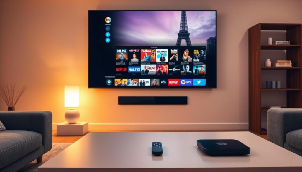 A serene living room scene with a large flatscreen TV mounted on the wall. The room is bathed in warm, soft lighting, creating a cozy and inviting atmosphere. On the TV screen, a streaming interface is displayed, showcasing a wide selection of movie and TV show titles available for free and on-demand viewing. The coffee table in the foreground has a modern, sleek design, with a streaming device or smart remote control visible, highlighting the ease of accessing this free content. Through the window in the background, the cityscape is visible, emphasizing the ubiquity and accessibility of this streaming service. The overall composition conveys the idea of enjoying high-quality entertainment without the burden of subscription fees or hidden costs. A serene living room scene with a large flatscreen TV mounted on the wall. The room is bathed in warm, soft lighting, creating a cozy and inviting atmosphere. On the TV screen, a streaming interface is displayed, showcasing a wide selection of movie and TV show titles available for free and on-demand viewing. The coffee table in the foreground has a modern, sleek design, with a streaming device or smart remote control visible, highlighting the ease of accessing this free content. Through the window in the background, the cityscape is visible, emphasizing the ubiquity and accessibility of this streaming service. The overall composition conveys the idea of enjoying high-quality entertainment without the burden of subscription fees or hidden costs.
