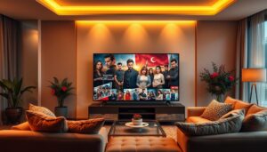 A vibrant and captivating image of the "Best Turkish Dramas Streaming" showcasing the allure and drama of Turkish television. Set in a lush, modern living room, the scene features a large, high-definition television prominently displayed, surrounded by plush, comfortable furniture. The television screen displays a collage of striking scenes and characters from popular Turkish dramas, creating an immersive and inviting atmosphere. Warm, soft lighting illuminates the space, adding to the cozy and welcoming ambiance. The overall composition evokes a sense of relaxation, escapism, and the joy of discovering new, captivating stories from the world of Turkish television.