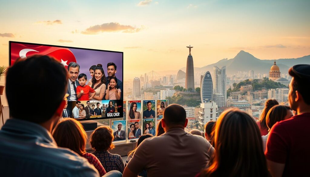 A vibrant and captivating scene of the rising popularity of Turkish dramas in Brazil. In the foreground, a group of enthusiastic viewers engrossed in watching a Turkish soap opera on a large, high-definition television screen, their faces lit by the warm glow of the screen. In the middle ground, a collection of Turkish drama posters and promotional materials, showcasing the diverse range of shows and their charismatic casts. In the background, a stylized cityscape of Rio de Janeiro, with iconic landmarks like the Christ the Redeemer statue, capturing the cultural fusion of Brazilian and Turkish influences. The scene is bathed in a soft, golden light, creating a cozy and inviting atmosphere, reflecting the growing fascination and passion for Turkish television among Brazilian audiences.
