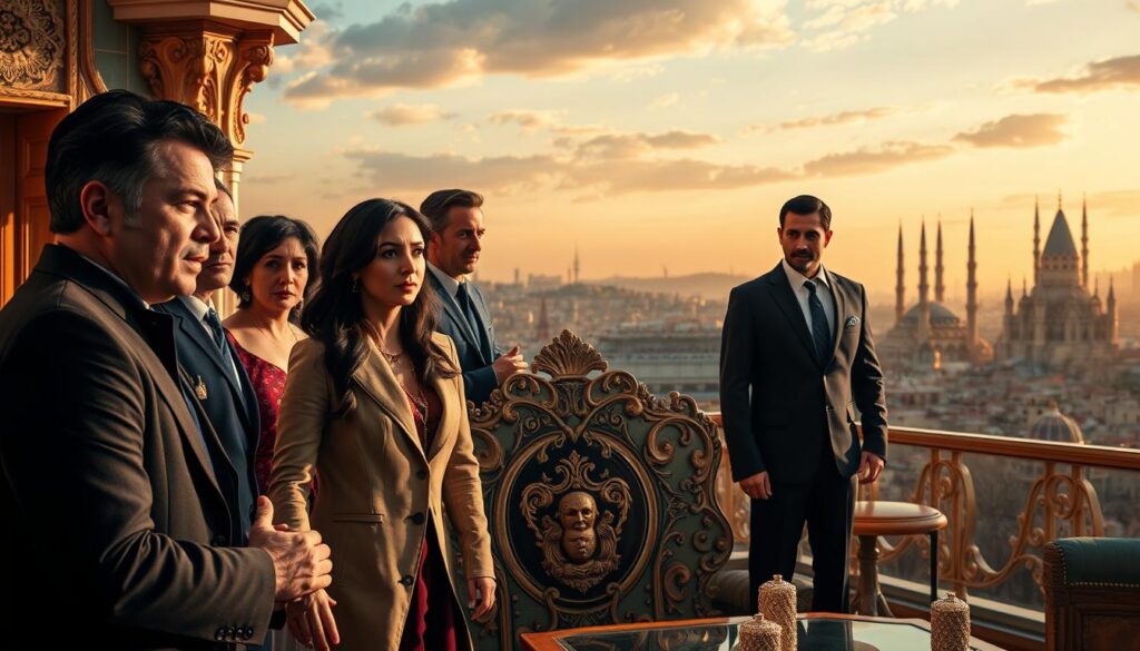 A vibrant, cinematic Turkish drama landscape unfolds, showcasing the iconic characters and captivating storylines of viewers' favorite Turkish soap operas. In the foreground, a group of well-dressed, emotive actors engage in a dramatic scene, their expressions and gestures conveying the high-stakes emotional tension that defines the genre. In the middle ground, a lush, ornate interior setting evokes the luxurious world of these beloved Turkish dramas, with intricate architectural details and lavish furnishings. The background features a sweeping cityscape, with the unmistakable silhouettes of Istanbul's historic landmarks against a warm, golden-hued sky, setting the stage for the epic narratives that captivate global audiences.