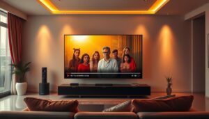 A vibrant, cinematic depiction of the "YouTube novelas turcas" experience. A large, modern television screen dominates the foreground, its display showcasing a captivating Turkish drama series. The screen is bathed in a warm, golden light, creating a cozy, immersive atmosphere. In the middle ground, a sleek, minimalist living room setup with comfortable seating invites the viewer to settle in and enjoy the show. The background features a clean, contemporary interior design, with hints of Turkish cultural elements like plush textiles and intricate patterns. The overall scene conveys a sense of accessibility, comfort, and the joy of discovering international entertainment on a popular, free-to-use platform.
