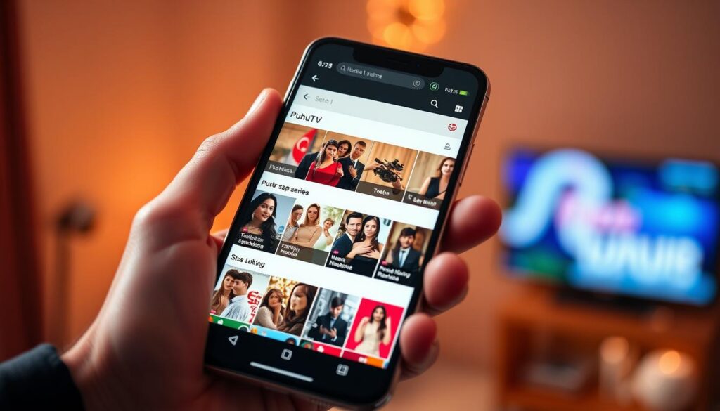 A vibrant, high-resolution image of a smartphone displaying the PuhuTV app interface, showcasing the Turkish TV series streaming experience. The screen depicts a clean, user-friendly design with a grid of thumbnails representing various Turkish dramas. The smartphone is held in a natural, hand-held position, with a warm, inviting lighting illuminating the scene. The background is softly blurred, drawing the viewer's focus to the app interface. The overall mood is one of accessibility and engagement, reflecting the ease of accessing Turkish soap operas through the PuhuTV platform. A vibrant, high-resolution image of a smartphone displaying the PuhuTV app interface, showcasing the Turkish TV series streaming experience. The screen depicts a clean, user-friendly design with a grid of thumbnails representing various Turkish dramas. The smartphone is held in a natural, hand-held position, with a warm, inviting lighting illuminating the scene. The background is softly blurred, drawing the viewer's focus to the app interface. The overall mood is one of accessibility and engagement, reflecting the ease of accessing Turkish soap operas through the PuhuTV platform.