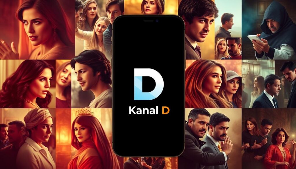A vibrant mobile application interface showcasing the Kanal D logo, prominently displayed in the center. The background features a collage of captivating Turkish drama scenes, including intricate character portraits and dramatic moments from popular shows. The overall design conveys a sense of immersion in the world of Turkish soap operas, with a warm, cinematic color palette and a clean, modern aesthetic. Soft lighting illuminates the interface, creating a polished and inviting user experience. The composition is balanced, with the Kanal D branding as the focal point, surrounded by visually engaging imagery that captures the essence of the Turkish television landscape. A vibrant mobile application interface showcasing the Kanal D logo, prominently displayed in the center. The background features a collage of captivating Turkish drama scenes, including intricate character portraits and dramatic moments from popular shows. The overall design conveys a sense of immersion in the world of Turkish soap operas, with a warm, cinematic color palette and a clean, modern aesthetic. Soft lighting illuminates the interface, creating a polished and inviting user experience. The composition is balanced, with the Kanal D branding as the focal point, surrounded by visually engaging imagery that captures the essence of the Turkish television landscape.