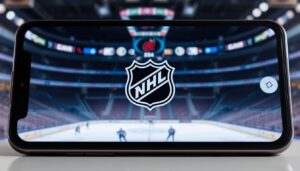 An NHL mobile application interface displayed on the sleek screen of a modern smartphone, showcased against a backdrop of a hockey arena. The app's logo and icons are prominently featured, conveying a sense of professional sports and digital technology. The lighting is soft and natural, capturing the mobile device's display with clarity and vibrancy. The composition places the application in the foreground, while the arena scene in the background suggests the live sports experience the app provides. The overall atmosphere is one of accessibility, convenience, and the thrill of following the NHL games on the go.