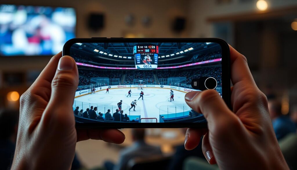 Detailed image of a hockey game being viewed on a smartphone screen. The screen shows a close-up view of the hockey rink with players in action, captured with a cinematic camera angle and vibrant, realistic lighting. The smartphone is held by a person's hands in the foreground, with the screen taking up the majority of the frame. The background is slightly blurred, suggesting an indoor setting like a living room or sports bar. The overall atmosphere conveys an immersive, high-quality viewing experience optimized for mobile devices. Detailed image of a hockey game being viewed on a smartphone screen. The screen shows a close-up view of the hockey rink with players in action, captured with a cinematic camera angle and vibrant, realistic lighting. The smartphone is held by a person's hands in the foreground, with the screen taking up the majority of the frame. The background is slightly blurred, suggesting an indoor setting like a living room or sports bar. The overall atmosphere conveys an immersive, high-quality viewing experience optimized for mobile devices.