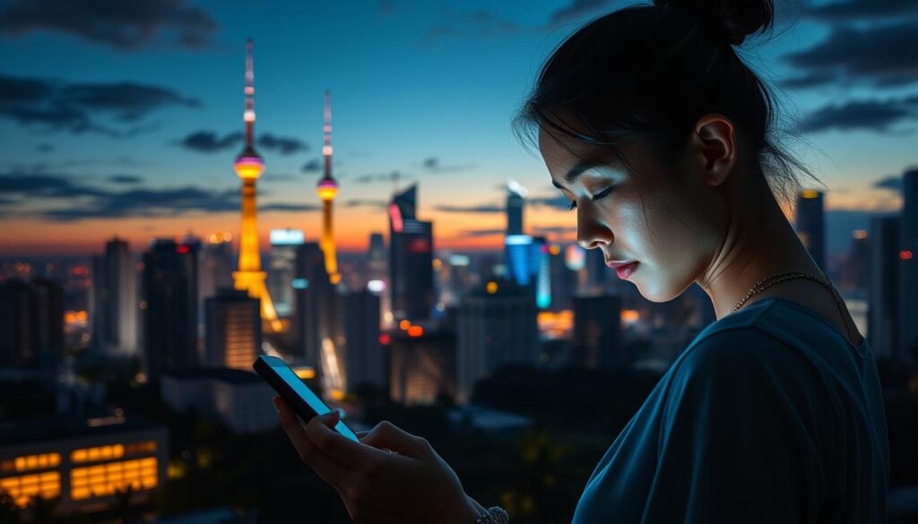 A bustling cityscape, illuminated by the soft glow of 5G towers soaring into the twilight sky. In the foreground, a woman gazing intently at her smartphone, her face bathed in the cool digital light, representing the ubiquity of 5G connectivity in our daily lives. The middle ground features a blend of modern architecture and lush greenery, symbolizing the integration of advanced technology with the natural world. The background showcases the ever-evolving digital landscape, with data streams and information flows pulsing through the air, creating an atmosphere of technological progress and innovation. The scene conveys a sense of wonder, efficiency, and the transformative impact of 5G on our digital routines. A bustling cityscape, illuminated by the soft glow of 5G towers soaring into the twilight sky. In the foreground, a woman gazing intently at her smartphone, her face bathed in the cool digital light, representing the ubiquity of 5G connectivity in our daily lives. The middle ground features a blend of modern architecture and lush greenery, symbolizing the integration of advanced technology with the natural world. The background showcases the ever-evolving digital landscape, with data streams and information flows pulsing through the air, creating an atmosphere of technological progress and innovation. The scene conveys a sense of wonder, efficiency, and the transformative impact of 5G on our digital routines.