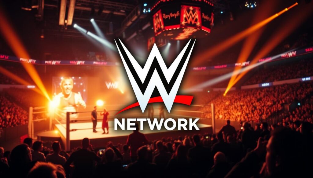 A cinematic, high-definition image showcasing the WWE Network branding. A sleek, modern logo prominently displayed in the center, illuminated by warm, dramatic lighting, casting dynamic shadows. The background features a dynamic, action-packed scene from a WWE event, with wrestlers in the ring, spectators in the stands, and a sense of energy and excitement. The overall composition conveys the professional, premium nature of the WWE Network streaming service, inviting the viewer to immerse themselves in the world of WWE.