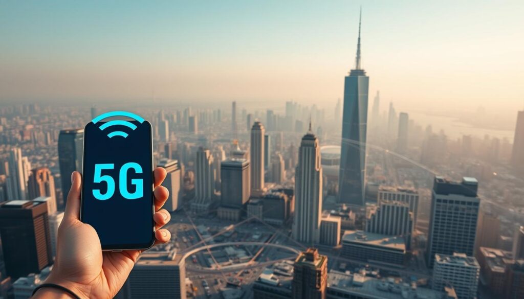 A detailed, high-resolution cityscape depicting the expansive coverage of a 5G network. In the foreground, a sleek, modern mobile device prominently displays the 5G signal indicator. The middle ground showcases a bustling urban landscape, with towering skyscrapers and busy streets, all connected by a complex web of 5G cell towers and infrastructure. The background is dominated by a panoramic view of the city skyline, hazy with a soft, warm glow, conveying a sense of technological progress and seamless connectivity. The overall scene should evoke a feeling of reliability, accessibility, and the transformative power of 5G technology. A detailed, high-resolution cityscape depicting the expansive coverage of a 5G network. In the foreground, a sleek, modern mobile device prominently displays the 5G signal indicator. The middle ground showcases a bustling urban landscape, with towering skyscrapers and busy streets, all connected by a complex web of 5G cell towers and infrastructure. The background is dominated by a panoramic view of the city skyline, hazy with a soft, warm glow, conveying a sense of technological progress and seamless connectivity. The overall scene should evoke a feeling of reliability, accessibility, and the transformative power of 5G technology.