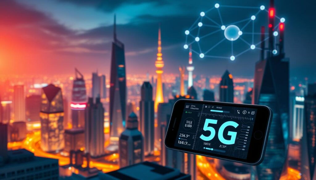 A futuristic cityscape bathed in a vibrant 5G network glow. In the foreground, a smartphone screen displays real-time network speed data, highlighting the blazing-fast connectivity. The midground features angular skyscrapers and telecommunications towers, their sleek designs reflecting the advanced technology. The background showcases a night sky with a subtle 5G network visualization, represented by a web of glowing lines and pulsing nodes. The lighting is dramatic, with warm hues illuminating the scene and creating a sense of technological prowess. The overall composition conveys the power and potential of the 5G network, seamlessly integrating the digital and physical realms. A futuristic cityscape bathed in a vibrant 5G network glow. In the foreground, a smartphone screen displays real-time network speed data, highlighting the blazing-fast connectivity. The midground features angular skyscrapers and telecommunications towers, their sleek designs reflecting the advanced technology. The background showcases a night sky with a subtle 5G network visualization, represented by a web of glowing lines and pulsing nodes. The lighting is dramatic, with warm hues illuminating the scene and creating a sense of technological prowess. The overall composition conveys the power and potential of the 5G network, seamlessly integrating the digital and physical realms.