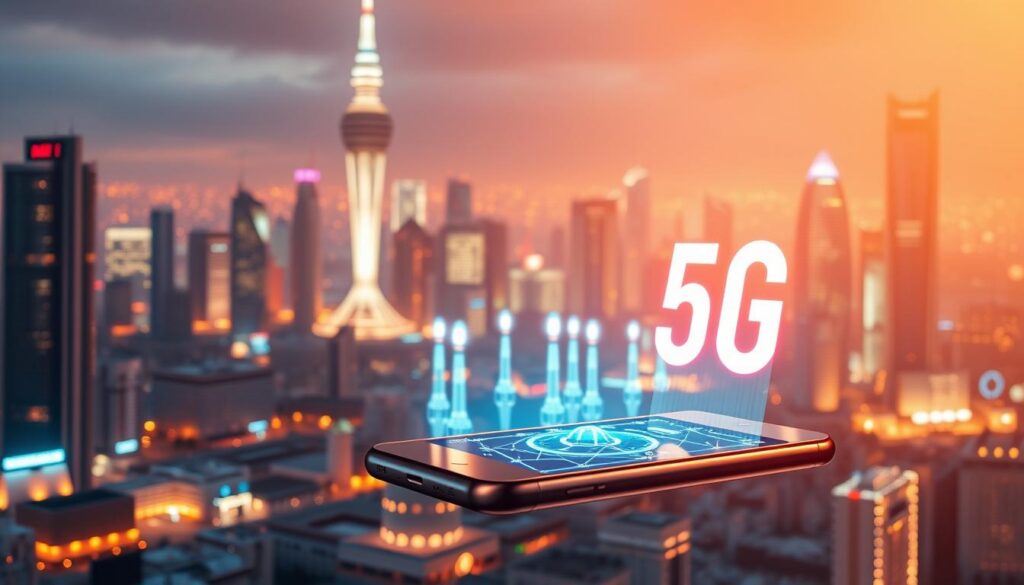 A futuristic cityscape bathed in a warm, radiant glow, showcasing the technological advancements of 5G. In the foreground, a sleek, cutting-edge smartphone with a bold '5G' emblem illuminates the scene, its holographic interface casting a mesmerizing display. The middle ground features a network of glowing, interconnected towers, symbolizing the seamless connectivity and lightning-fast data transfer enabled by 5G technology. In the background, a towering skyline of gleaming, high-rise buildings stands as a testament to the transformative power of this next-generation wireless standard, which is revolutionizing the way we experience the internet and mobile communication.