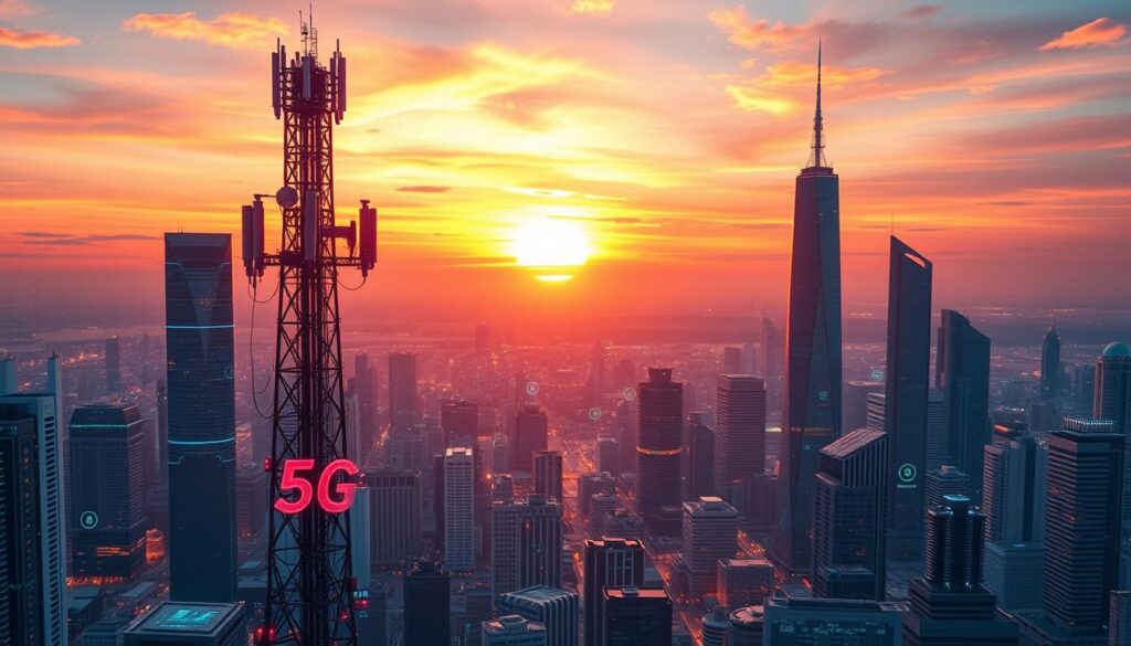 A futuristic cityscape with towering skyscrapers and sleek, modern architecture bathed in a warm, ambient glow. In the foreground, a 5G cell tower stands tall, its intricate circuitry and antennas visible, emitting a soft, pulsating light. The middle ground is filled with various electronic devices, smartphones, and IoT sensors, all connected seamlessly by the 5G network. In the background, a stunning sunset paints the sky in vibrant hues of orange and pink, creating a sense of technological advancement and progress. The overall mood is one of innovation, connectivity, and the promise of a more efficient, faster, and smarter future. A futuristic cityscape with towering skyscrapers and sleek, modern architecture bathed in a warm, ambient glow. In the foreground, a 5G cell tower stands tall, its intricate circuitry and antennas visible, emitting a soft, pulsating light. The middle ground is filled with various electronic devices, smartphones, and IoT sensors, all connected seamlessly by the 5G network. In the background, a stunning sunset paints the sky in vibrant hues of orange and pink, creating a sense of technological advancement and progress. The overall mood is one of innovation, connectivity, and the promise of a more efficient, faster, and smarter future.