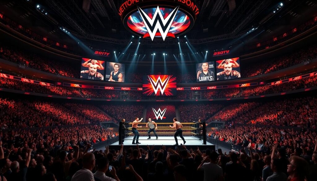 A grand, majestic arena filled with a roaring crowd, the stage adorned with the iconic WWE logo. In the foreground, larger-than-life wrestlers engaged in an intense grappling match, their muscular frames illuminated by dramatic spotlights. The middle ground features a sea of cheering fans, their faces filled with excitement and awe. In the background, towering video screens display the history of the WWE, showcasing its iconic moments and legendary performers. The scene is bathed in a vibrant, cinematic lighting, capturing the energy and drama of this beloved entertainment spectacle.