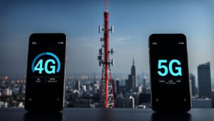 A high-contrast, detailed comparison of 4G and 5G cellular network technologies. In the foreground, two smartphones displaying distinct network speed tests, with 4G results on the left and 5G on the right, showcasing the dramatic performance difference. The middle ground features architectural elements representing 4G and 5G cell towers, with the 5G tower towering over the 4G one, symbolizing the technological leap. The background depicts a city skyline, with the 4G network fading into the distance while the 5G network dominates the urban landscape, highlighting the transformative impact of the new standard. Bright, focused lighting emphasizes the technical details, conveying a sense of progress and innovation.