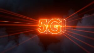 A high-tech 5G wireless network connection, represented by a glowing, futuristic geometric grid structure floating against a dark, atmospheric background. The grid appears to be pulsing with energy, symbolizing the fast, reliable data transmission capabilities of 5G technology. Rays of bright, neon-like light emanate from the grid, casting a vibrant, technological glow across the scene. The overall composition conveys a sense of cutting-edge innovation and the transformative power of 5G connectivity.