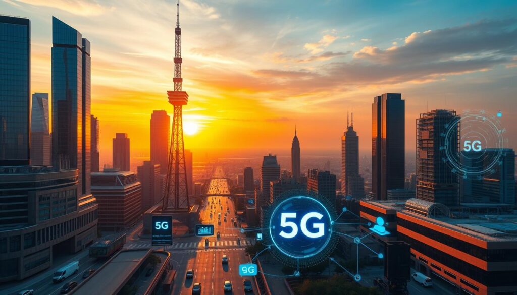 A high-tech cityscape with a towering 5G cell tower in the foreground, surrounded by sleek skyscrapers and futuristic vehicles on the streets below. The scene is bathed in a warm, golden glow from the setting sun, conveying a sense of progress and innovation. In the middle ground, holographic displays and data streams emanate from various devices, illustrating the enhanced connectivity and speed of 5G technology. The background features a distant horizon with a vibrant, almost ethereal sky, suggesting the boundless potential of this revolutionary wireless network.