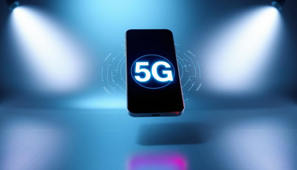 A modern 5G smartphone app interface floating in a minimalist, high-tech environment. The app icon is prominently displayed, surrounded by glowing 5G wireless signals and data visualizations. The background features a sleek, metallic surface with reflective gradients, creating a sense of depth and futuristic atmosphere. Subtle light sources illuminate the scene, casting dramatic shadows and highlights to accentuate the app's advanced capabilities. The composition is balanced, with the app taking center stage and complementary design elements enhancing the overall impression of a powerful, user-friendly 5G application. A modern 5G smartphone app interface floating in a minimalist, high-tech environment. The app icon is prominently displayed, surrounded by glowing 5G wireless signals and data visualizations. The background features a sleek, metallic surface with reflective gradients, creating a sense of depth and futuristic atmosphere. Subtle light sources illuminate the scene, casting dramatic shadows and highlights to accentuate the app's advanced capabilities. The composition is balanced, with the app taking center stage and complementary design elements enhancing the overall impression of a powerful, user-friendly 5G application.