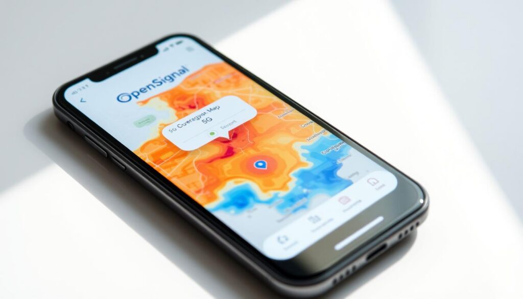A sleek and modern mobile application interface, with a clean and intuitive design. The OpenSignal logo is prominently displayed, conveying a sense of trust and reliability. The screen showcases a detailed 5G coverage map, with vibrant colors and precise data visualization. The user interface features smooth animations and responsive touch interactions, reflecting the app's seamless functionality. The lighting is soft and natural, creating a sense of warmth and professionalism. The camera angle is slightly angled, providing a dynamic perspective that draws the viewer's attention to the app's core features. The overall atmosphere exudes a sense of technological sophistication and connectivity, perfectly aligning with the section's focus on the OpenSignal app as the go-to solution for 5G access.
