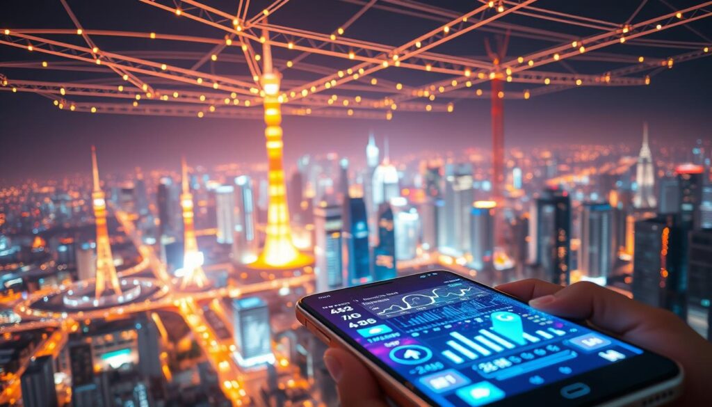 A vast 5G network infrastructure spanning across a vibrant cityscape, with futuristic cellular towers and glowing data streams emanating from sleek mobile devices. In the foreground, a close-up view of a smartphone screen showcases seamless high-speed connectivity, with real-time data visualizations illustrating the superior performance of 5G technology. The scene is bathed in a warm, futuristic glow, conveying the transformative potential of this next-generation mobile network. The overall composition should evoke a sense of technological advancement, connectivity, and the improved user experience that 5G can deliver.