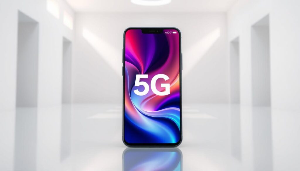 An advanced 5G smartphone displayed in a bright, clean, and modern setting. The device is rendered in high detail, showcasing its sleek design, vivid display, and cutting-edge hardware. The background features a minimalist, white-walled interior with a hint of natural light filtering in, creating a sense of technological sophistication and elegance. The composition emphasizes the phone's centrality, drawing the viewer's attention to its capabilities and the potential of 5G connectivity. The lighting is soft and directional, accentuating the smartphone's premium aesthetics and the overall sense of technological progress. An advanced 5G smartphone displayed in a bright, clean, and modern setting. The device is rendered in high detail, showcasing its sleek design, vivid display, and cutting-edge hardware. The background features a minimalist, white-walled interior with a hint of natural light filtering in, creating a sense of technological sophistication and elegance. The composition emphasizes the phone's centrality, drawing the viewer's attention to its capabilities and the potential of 5G connectivity. The lighting is soft and directional, accentuating the smartphone's premium aesthetics and the overall sense of technological progress.