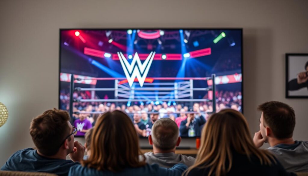 Transmissão wwe online grátis: a scene of a large TV screen displaying a professional wrestling event, with various people gathered around watching intently. The screen shows the WWE logo and live action from the ring, with dynamic lighting and camera angles capturing the high-energy atmosphere. In the foreground, a group of fans on a couch or chairs, their faces lit by the glow of the screen, expressions of excitement and engagement. The background blurs out, creating a sense of focus on the central display. The overall mood is one of shared entertainment and camaraderie, with a sense of accessibility and free enjoyment of the WWE spectacle.